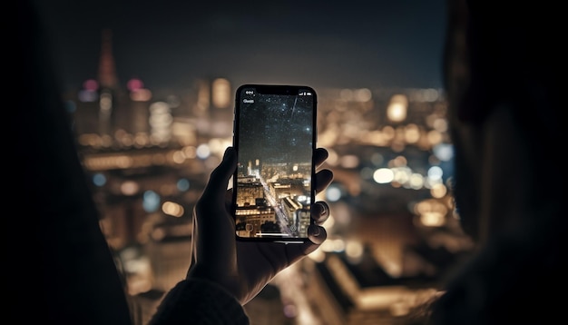 Handheld device captures stunning city skyline at night generated by AI