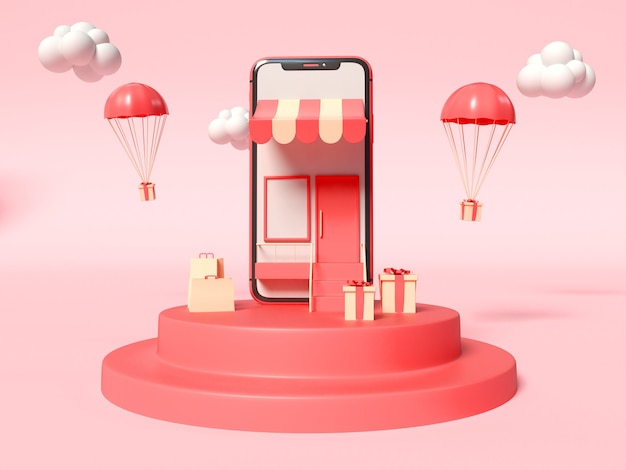 Free photo 3d illustration of smartphone with a store on the screen and with gift boxes on a side