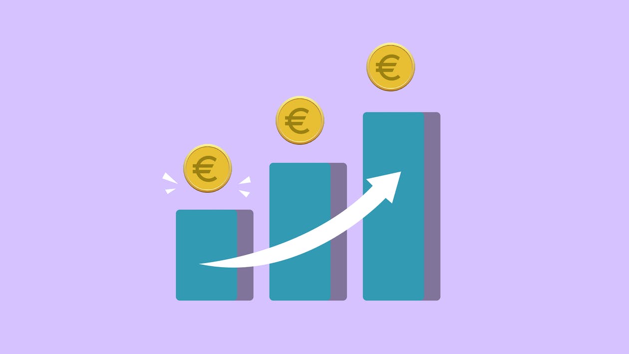 Vector illustration of income growth chart with arrow and euro coins against purple background