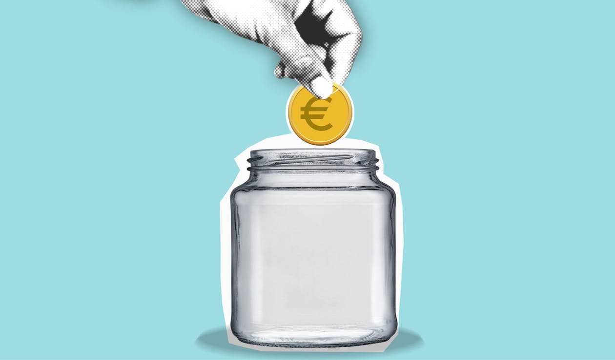 Decorative cardboard appliques of hand with euro coin above jar representing money saving process on blue background
